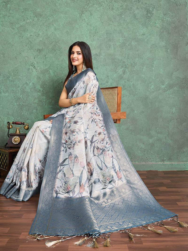 Off white floral printed silk cotton saree