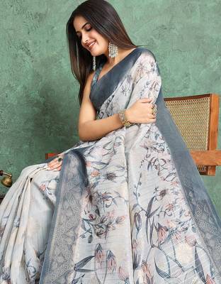 Off white floral printed silk cotton saree 5