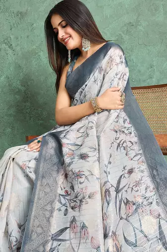 Off white floral printed silk cotton saree