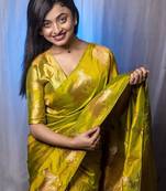 Olive woven design zari silk blend banarasi saree