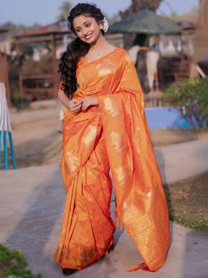 Orange woven design zari silk blend banarasi saree 1