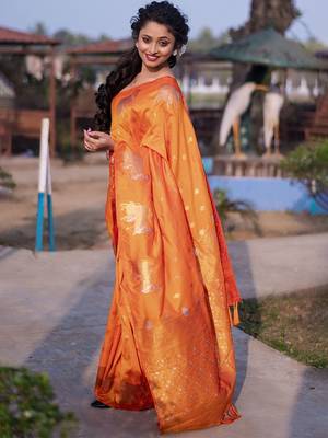 Orange woven design zari silk blend banarasi saree 2