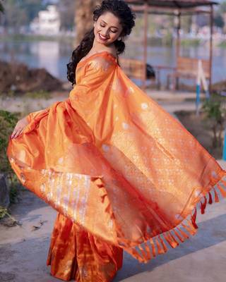 Orange woven design zari silk blend banarasi saree 4