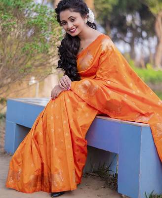 Orange woven design zari silk blend banarasi saree 5