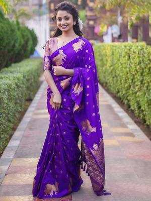 Purple woven design zari silk blend banarasi saree 1