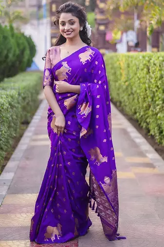 Purple woven design zari silk blend banarasi saree