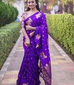 Purple woven design zari silk blend banarasi saree