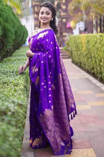 Purple woven design zari silk blend banarasi saree