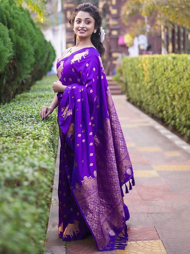 Purple woven design zari silk blend banarasi saree
