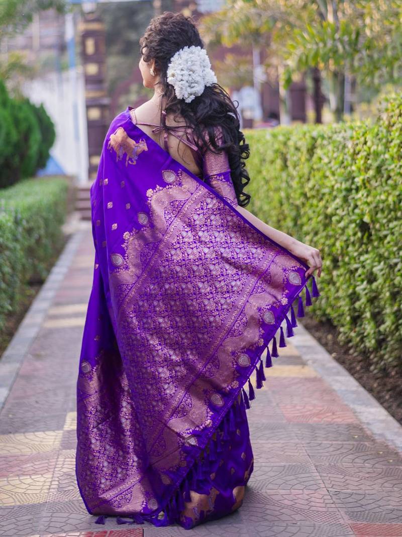 Purple woven design zari silk blend banarasi saree
