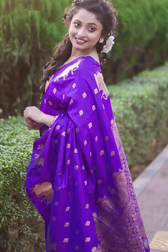 Purple woven design zari silk blend banarasi saree