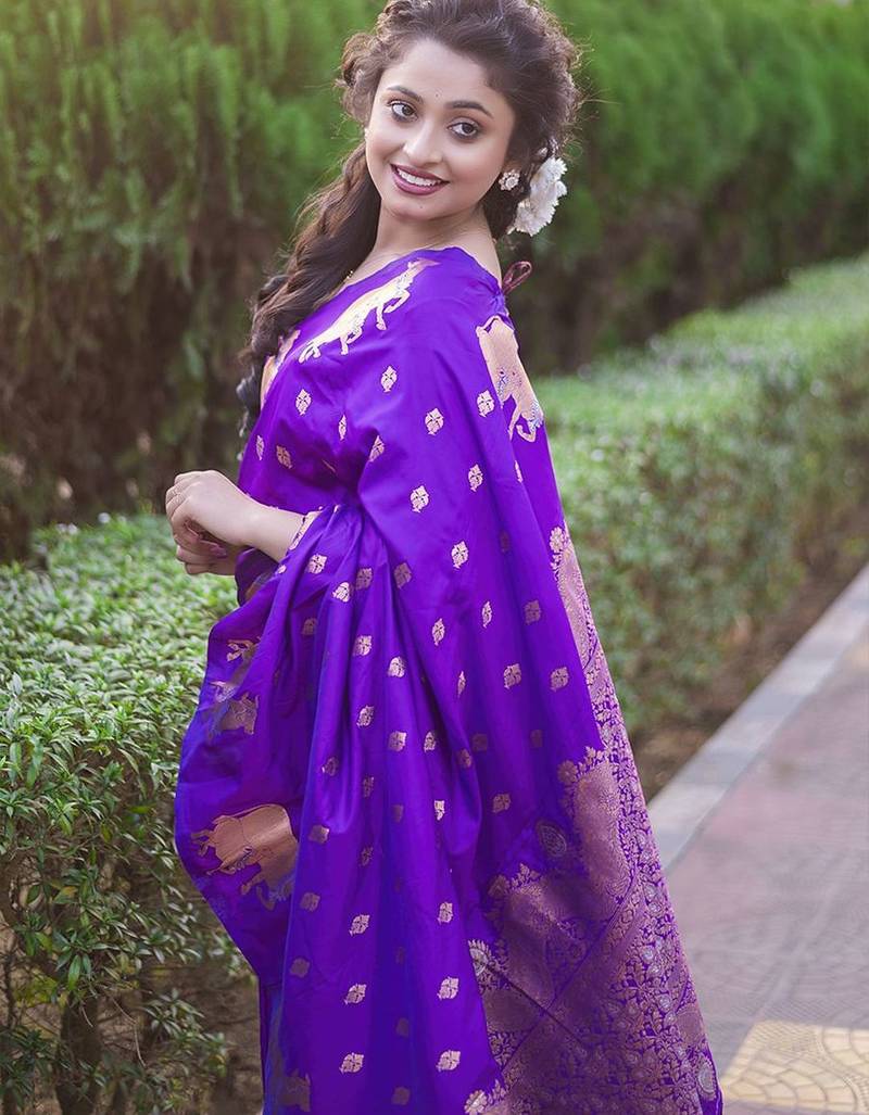 Purple woven design zari silk blend banarasi saree