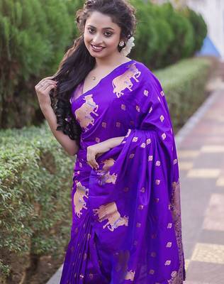 Purple woven design zari silk blend banarasi saree 5