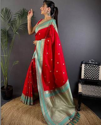Red floral zari silk blend designer banarasi saree 1