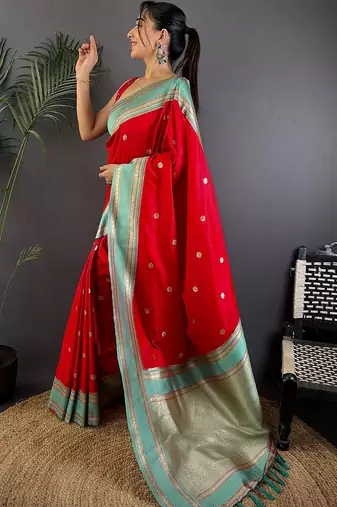 Red floral zari silk blend designer banarasi saree