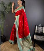 Red floral zari silk blend designer banarasi saree