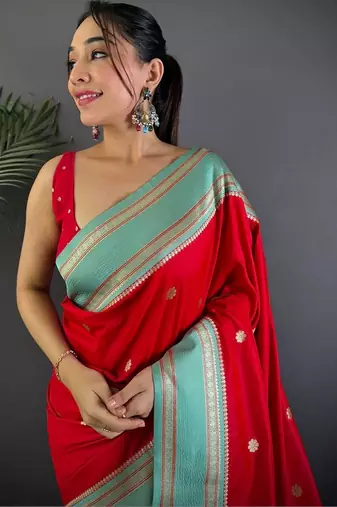 Red floral zari silk blend designer banarasi saree