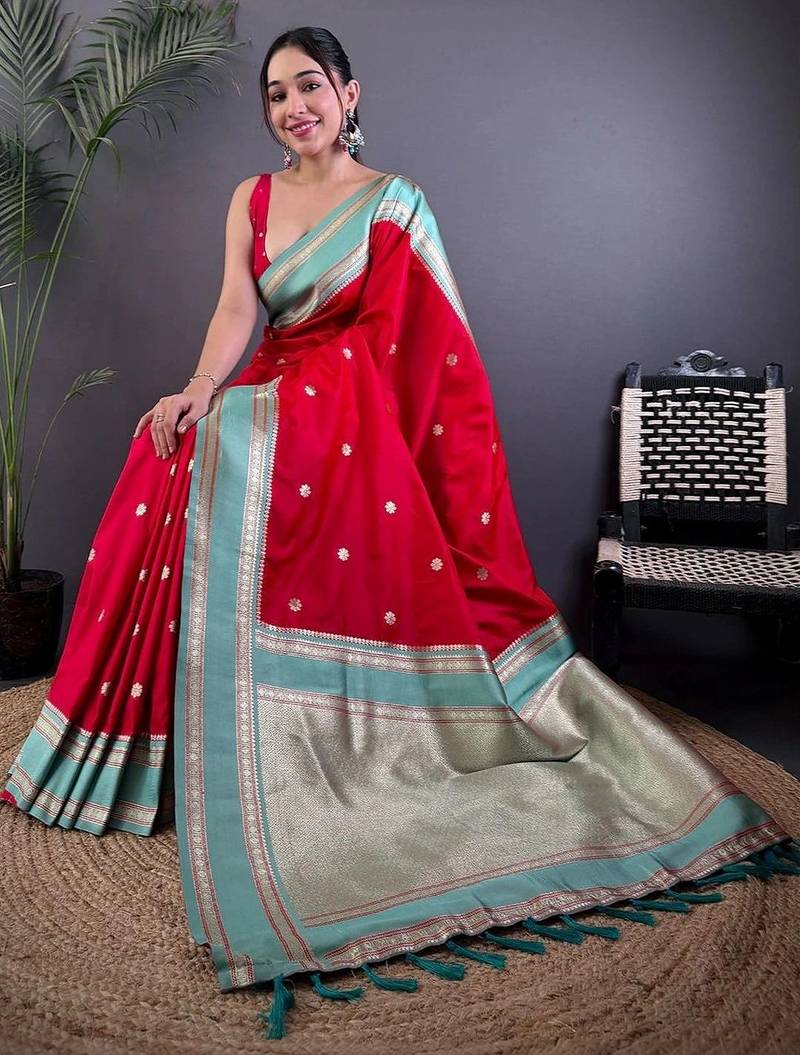 Red floral zari silk blend designer banarasi saree