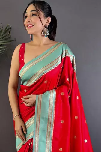 Red floral zari silk blend designer banarasi saree