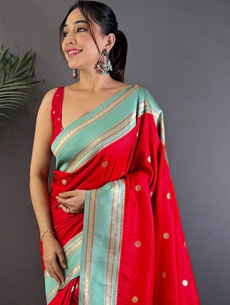 Red floral zari silk blend designer banarasi saree