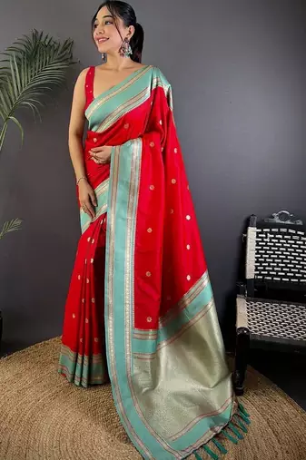 Red floral zari silk blend designer banarasi saree
