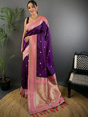 Purple floral zari silk blend designer banarasi saree 1