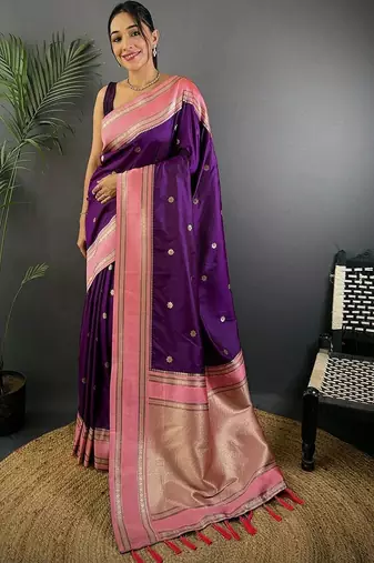 Purple floral zari silk blend designer banarasi saree