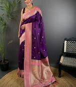 Purple floral zari silk blend designer banarasi saree