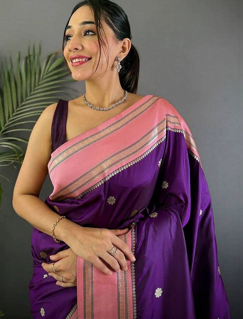 Purple floral zari silk blend designer banarasi saree