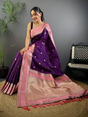 Purple floral zari silk blend designer banarasi saree 3