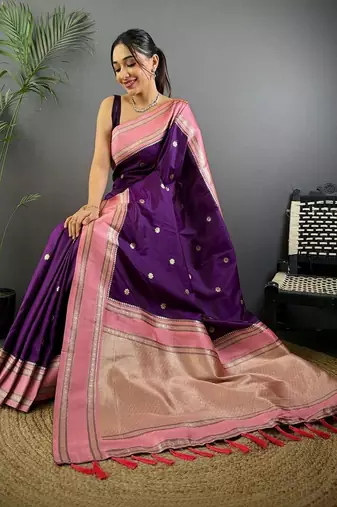 Purple floral zari silk blend designer banarasi saree