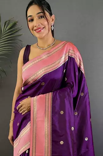 Purple floral zari silk blend designer banarasi saree