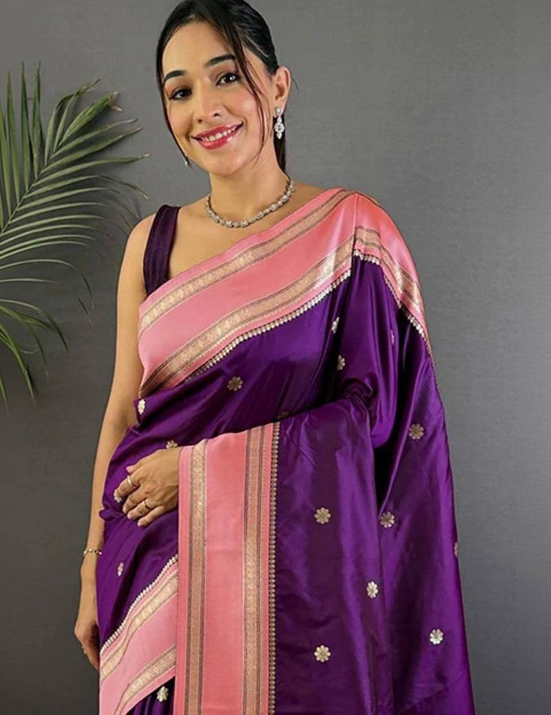 Purple floral zari silk blend designer banarasi saree