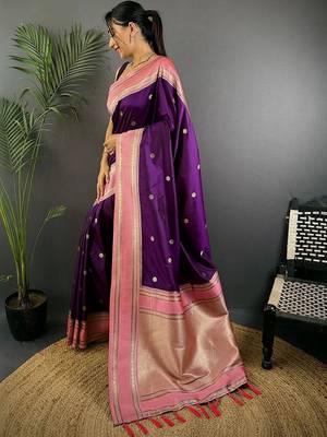 Purple floral zari silk blend designer banarasi saree 5
