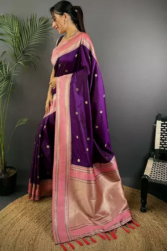 Purple floral zari silk blend designer banarasi saree