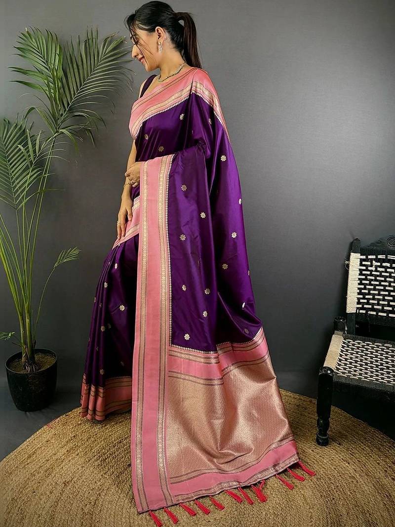 Purple floral zari silk blend designer banarasi saree