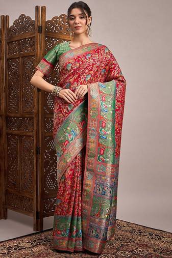 Red ethnic motifs banarasi saree
