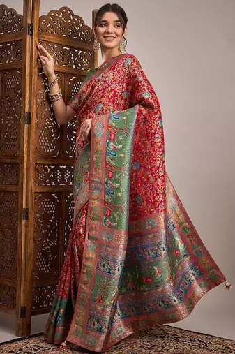 Red ethnic motifs banarasi saree