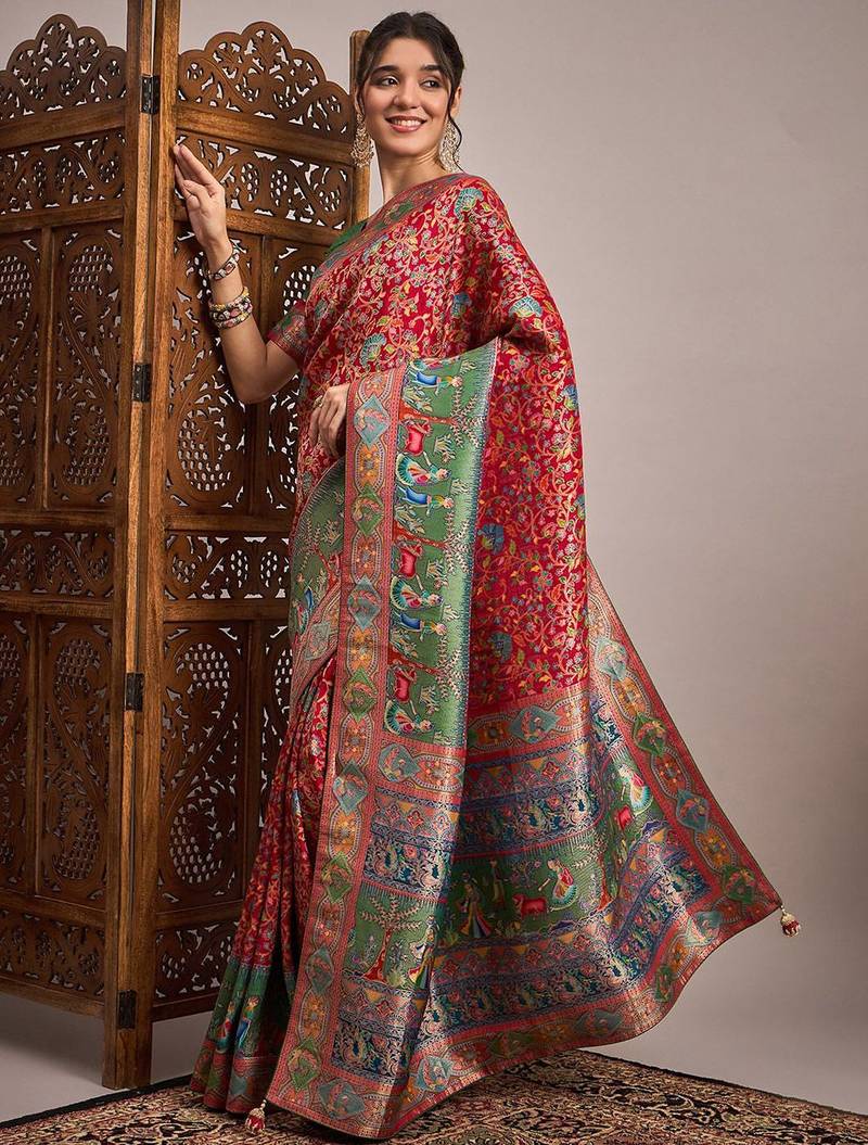 Red ethnic motifs banarasi saree