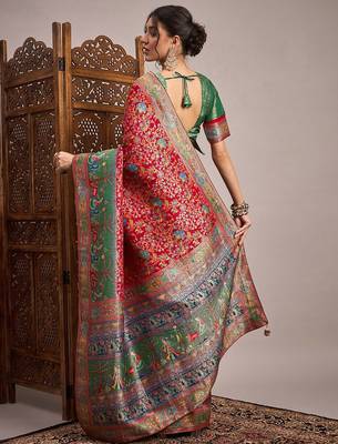 Red ethnic motifs banarasi saree 3