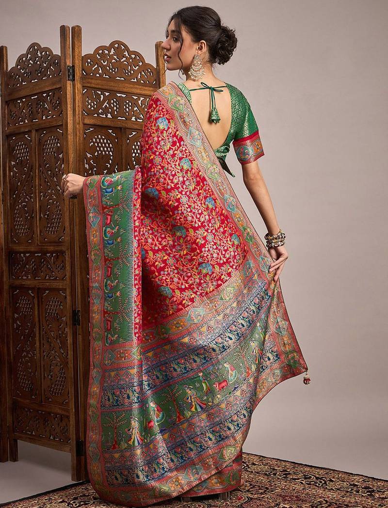 Red ethnic motifs banarasi saree