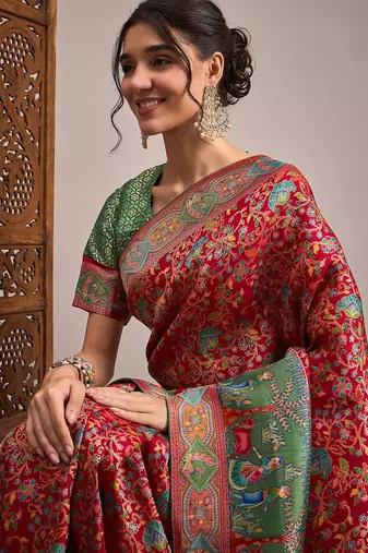 Red ethnic motifs banarasi saree