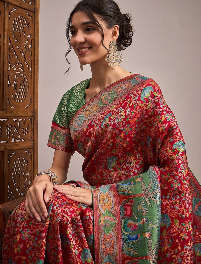 Red ethnic motifs banarasi saree