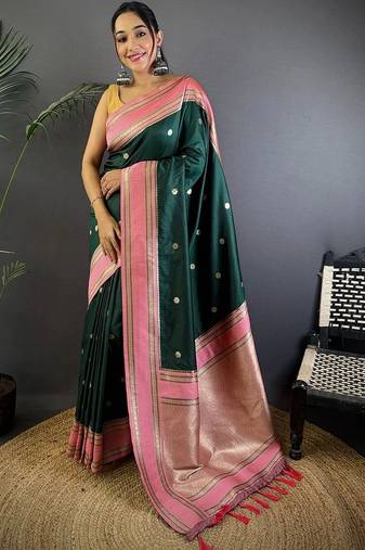 Green floral zari silk blend designer banarasi saree
