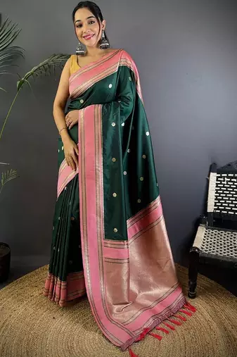 Green floral zari silk blend designer banarasi saree