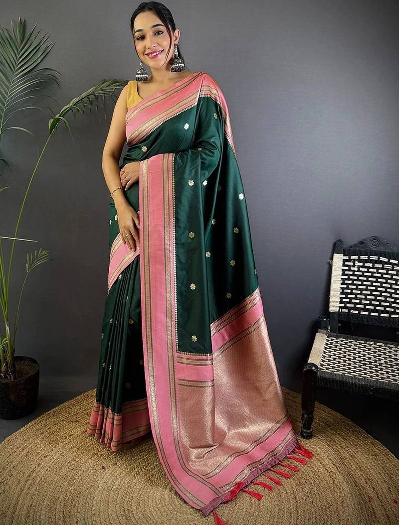 Green floral zari silk blend designer banarasi saree