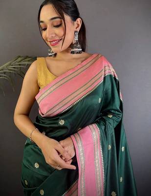 Green floral zari silk blend designer banarasi saree 2