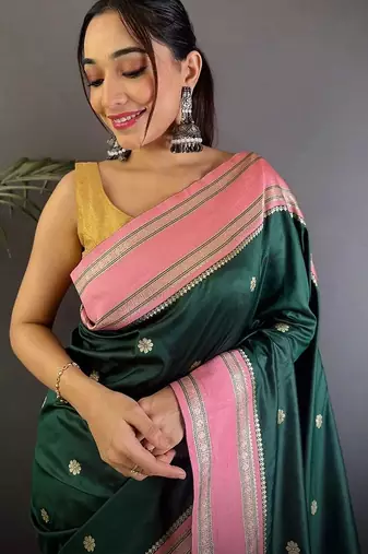 Green floral zari silk blend designer banarasi saree