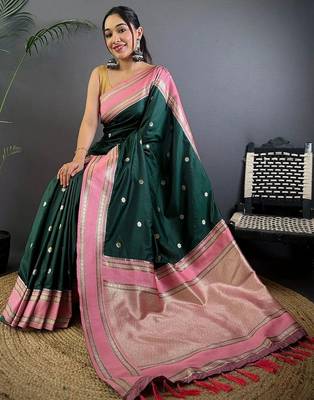 Green floral zari silk blend designer banarasi saree 3