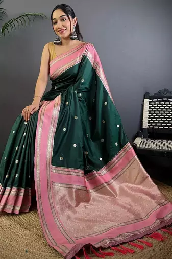 Green floral zari silk blend designer banarasi saree